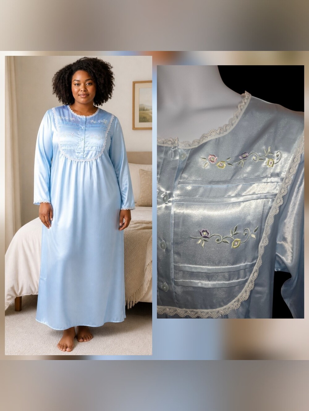 VTG NOS Pajama House Dress DELICATES Blue Satin Embroidery Flowers Lace Trim 2X